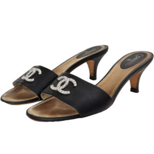 Vintage Chanel Logo Leather Heels in Black / Silver UK 5 | NITRYL