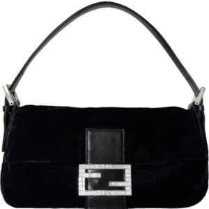 Vintage Fendi Velvet Shoulder Baguette Bag in Black with Swarovski Crystal Encrusted Clasp | NITRYL