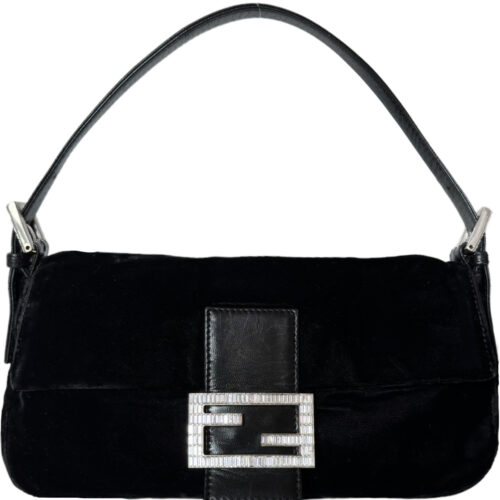 Vintage Fendi Velvet Shoulder Baguette Bag in Black with Swarovski Crystal Encrusted Clasp | NITRYL