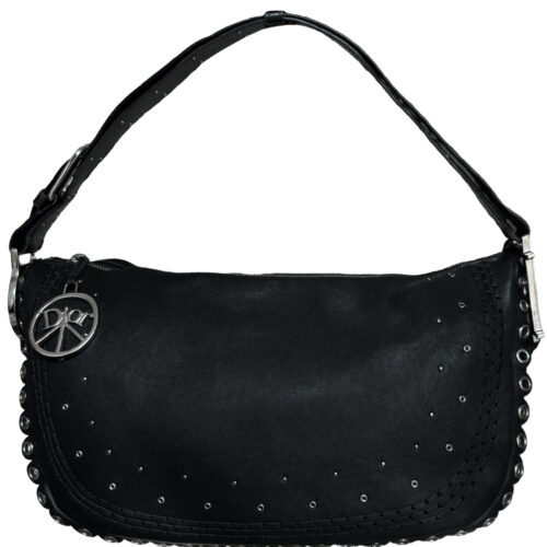 Vintage Dior Peace & Love Logo Leather Shoulder Bag in Black / Silver | NITRYL