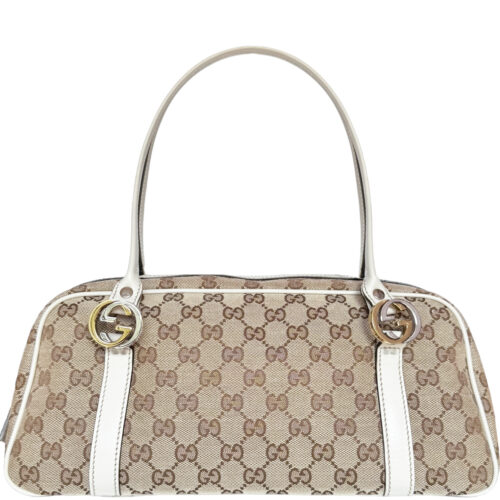 Vintage Gucci Monogram Logo Shoulder Bag in Beige / White / Gold / Silver | NITRYL
