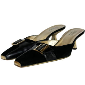 Vintage Gucci Buckle Logo Mule Heels in Black / Gold UK 4 | NITRYL