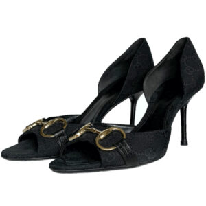 Vintage Gucci Monogram Horsebit Peep Toe Heels in Black / Gold UK 4 | NITRYL