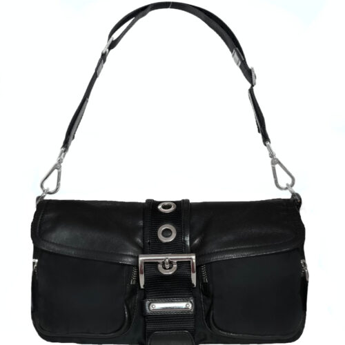 Vintage Prada Leather Nylon Buckle Shoulder Bag in Black / Silver | NITRYL