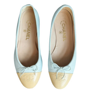 Vintage Chanel Bow Logo Ballet Flats in Baby Blue / Beige UK 3 | NITRYL