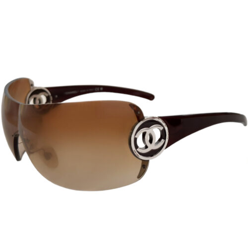 Vintage Chanel Logo Oversized Wraparound Sunglasses in Brown / Silver | NITRYL