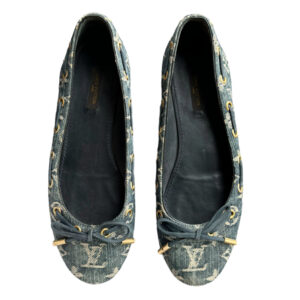 Vintage Louis Vuitton Monogram Denim Bow Ballet Flats in Blue / Gold UK 4 | NITRYL