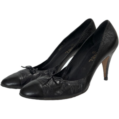Vintage Chanel Bow Logo Elasticated Heels in Black UK 5.5 | NITRYL
