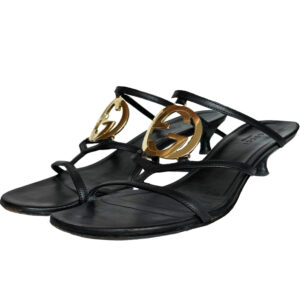 Vintage Gucci Logo Strappy Kitten Heels in Black / Gold UK 3.5 | NITRYL