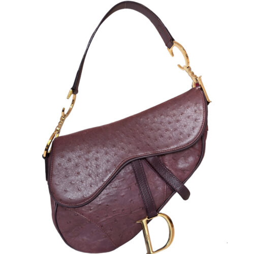 Vintage Dior Exotic Ostrich Skin Shoulder Saddle Bag in Aubergine Purple / Gold | NITRYL