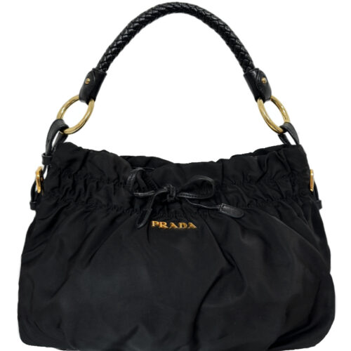 Vintage Prada Nylon Bow Logo Ruffle Shoulder Bag in Black / Gold | NITRYL