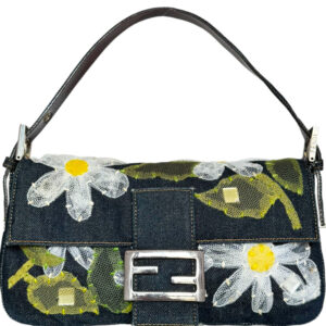 Vintage Fendi Daisy Flower Denim Shoulder Baguette Bag in Blue / White / Green | NITRYL