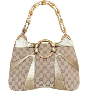 Vintage Gucci Monogram Bamboo Metallic Shoulder Bag in Beige / Gold | NITRYL