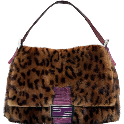Vintage Fendi Leopard Print Mink Fur Mamma Shoulder Baguette Bag in Brown / Purple with Exotic Leather Detailing | NITRYL