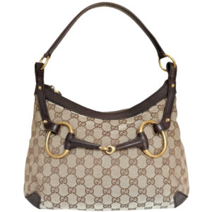 Vintage Gucci Monogram Horsebit Shoulder Bag in Beige / Brown / Gold | NITRYL