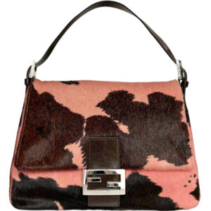 Vintage Fendi Cow Print Calfskin Shoulder Mamma Baguette Bag in Pink / Brown / Silver | NITRYL