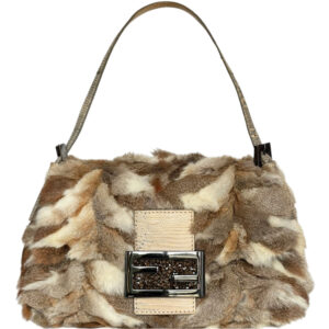 Vintage Fendi Rabbit Fur Patchwork Mini Mamma Shoulder Baguette Bag in Brown / Cream with Exotic Leather Detailing | NITRYL