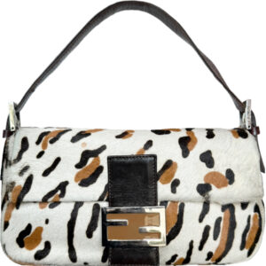 Vintage Fendi Snow Leopard Print Calfskin Shoulder Baguette Bag in White / Brown / Silver | NITRYL