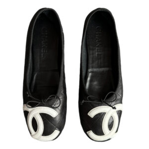 Vintage Chanel Cambon Bow Logo Quilted Ballet Flats in Black / White UK 3 | NITRYL