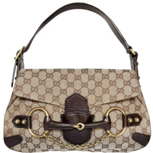 Vintage Gucci Monogram Horsebit Shoulder Bag in Beige / Brown / Gold | NITRYL