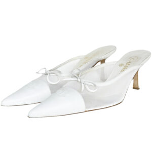 Vintage Chanel Bow Logo Mesh Mule Heels in White UK 6 | NITRYL