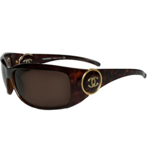 Vintage Chanel Logo Wraparound Sunglasses in Tortoiseshell Brown / Gold | NITRYL