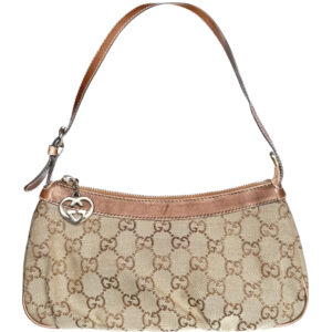 Vintage Gucci Monogram Heart Charm Mini Shoulder Bag in Beige / Metallic Bronze / Gold | NITRYL