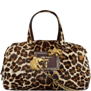 Vintage Prada Leopard Print Calfskin Dragon - Snake Shoulder Bag in Brown / Gold | NITRYL