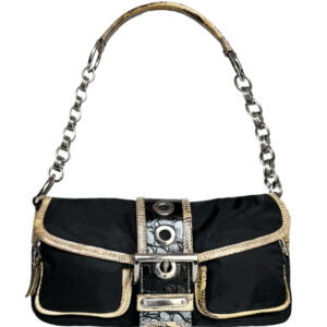 Vintage Prada Buckle Nylon Exotic Trim Shoulder Bag in Black / Beige / Silver | NITRYL