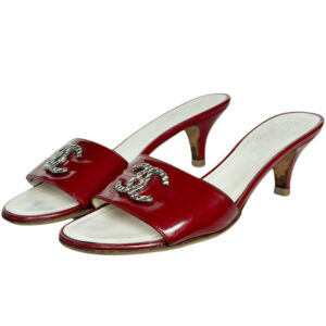 Vintage Chanel Logo Patent Heels in Red / Silver UK 4 | NITRYL