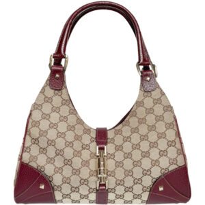 Vintage Gucci Monogram Jackie Shoulder Bag in Beige / Maroon Red / Gold | NITRYL