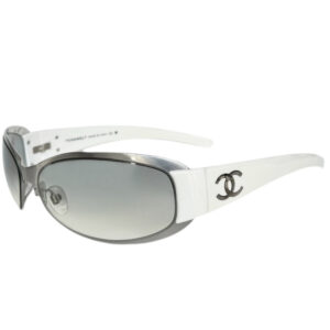 Vintage Chanel Logo Wraparound Sunglasses in White / Silver | NITRYL