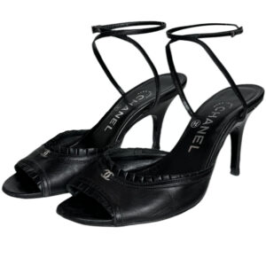 Vintage Chanel Logo Frill Strappy Heels in Black / Silver UK 3 | NITRYL