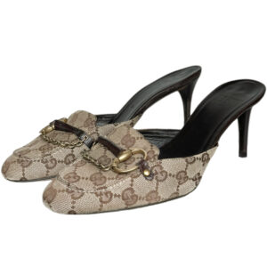 Vintage Gucci Monogram Horsebit Mule Heels in Beige / Brown / Gold UK 6.5 | NITRYL