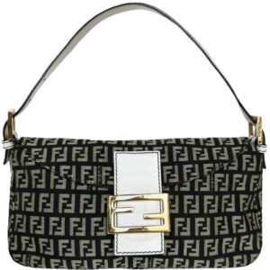 Vintage Fendi Monogram Shoulder Baguette Bag in Black / White / Gold | NITRYL