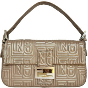 Fendi Monogram Embossed Leather Shoulder Baguette Bag in Gold | NITRYL