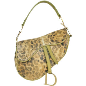 Dior Leopard Print Exotic Ostrich Trim Shoulder Saddle Bag in Brown / Olive Green / Gold | NITRYL