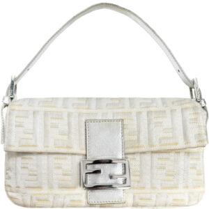 Fendi Monogram Lurex Metallic Shoulder Baguette Bag in White / Silver / Gold | NITRYL