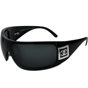 Vintage Chanel Logo Ski Oversized Wraparound Sunglasses in Black / Silver | NITRYL