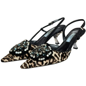 Vintage Prada Leopard Print Calfkin Gem Slingback Heels in Brown. / Black / Blue UK 3 | NITRYL