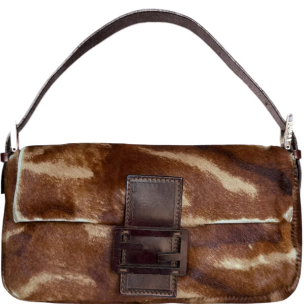 Vintage Fendi Mottled Calfskin Shoulder Baguette Bag in Brown / Tan / Silver | NITRYL