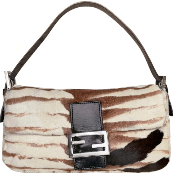 Vintage Fendi Calfskin Striped Shoulder Baguette Bag in Cream / Brown / Silver | NITRYL