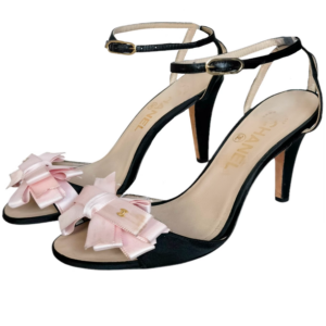 Vintage Chanel Logo Ribbon Bow Satin Heels in Black / Baby Pink UK 3 | NITRYL