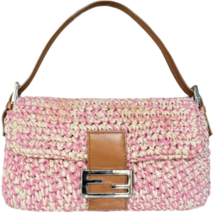 Vintage Fendi Rafia Woven Shoulder Baguette Bag in Pink / Tan / Silver | NITRYL