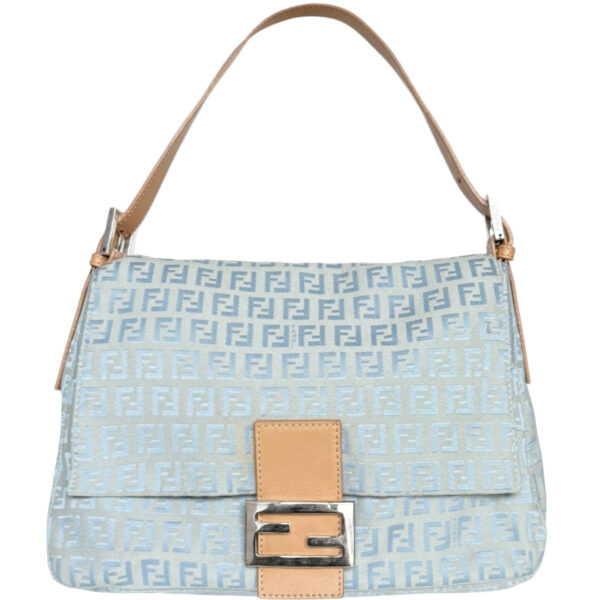 Vintage Fendi Monogram Mamma Shoulder Baguette Bag in Baby Blue / Tan / Silver | NITRYL