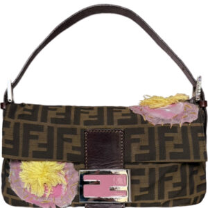 Vintage Fendi Zucca Monogram Flower Shoulder Baguette Bag in Brown / Pink / Silver | NITRYL