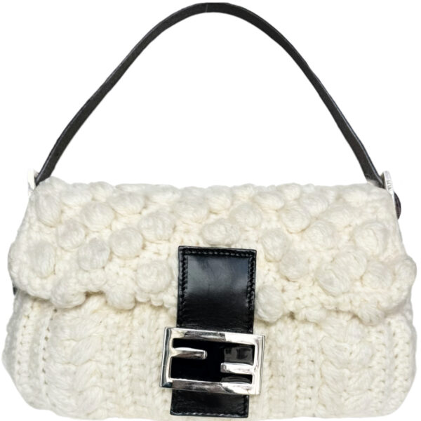 Vintage Fendi Knitted Shoulder Baguette Bag in Cream / Black / Silver | NITRYL