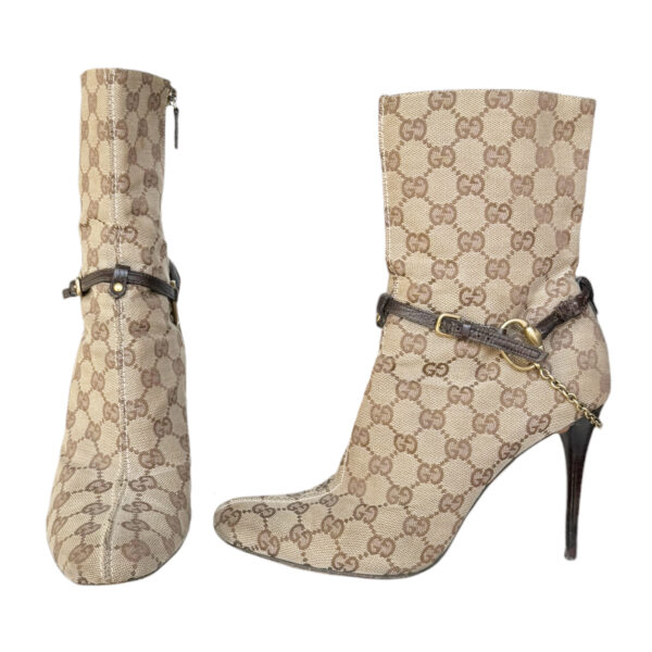 Vintage Gucci Monogram Horsebit Heeled Boots in Beige / Brown / Gold UK 6.5 | NITRYL