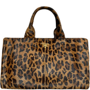 Vintage Prada Leopard Print Calfskin Canapa Tote Bag in Brown / Gold | NITRYL