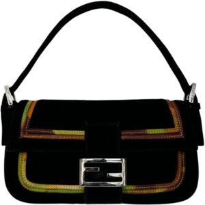 Vintage Fendi Suede Multicolour Calfskin Trim Shoulder Baguette Bag in Black / Silver | NITRYL